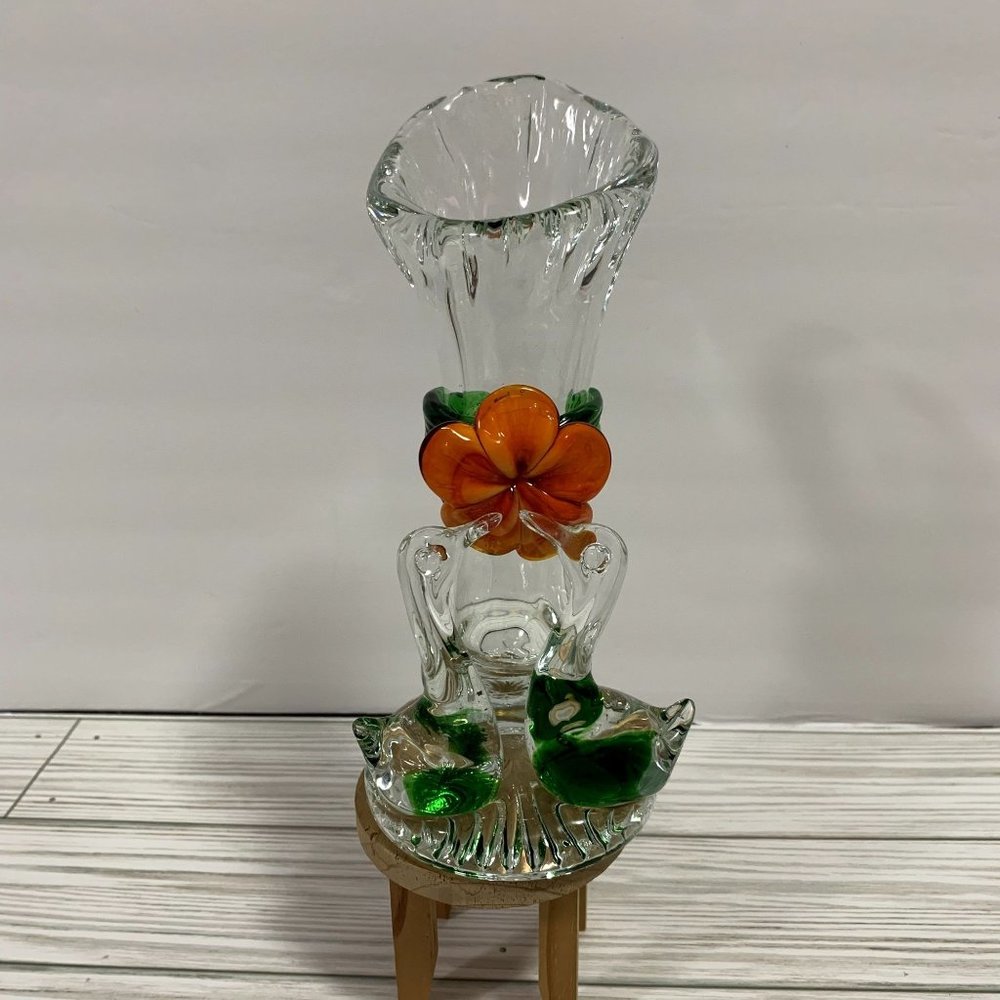 Vintage Art Glass Applied Orange Flower And Love Birds Vase